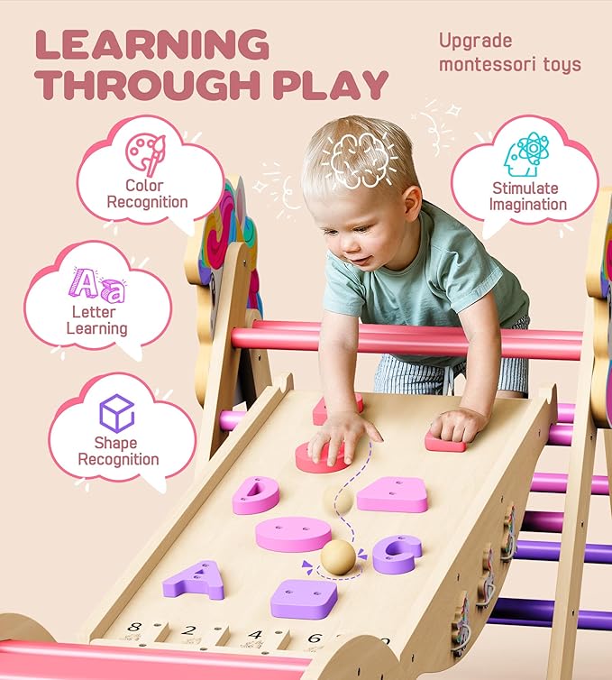 Pikler Triangle Climbing Set - 11-in-1 Foldable Montessori Climbing Toy for Toddler 18M-7Y, Wooden Indoor Jungle Gym with Arch&Ramp&Ladder, Kids Climbing Toys Playset for Playroom & Backyard
