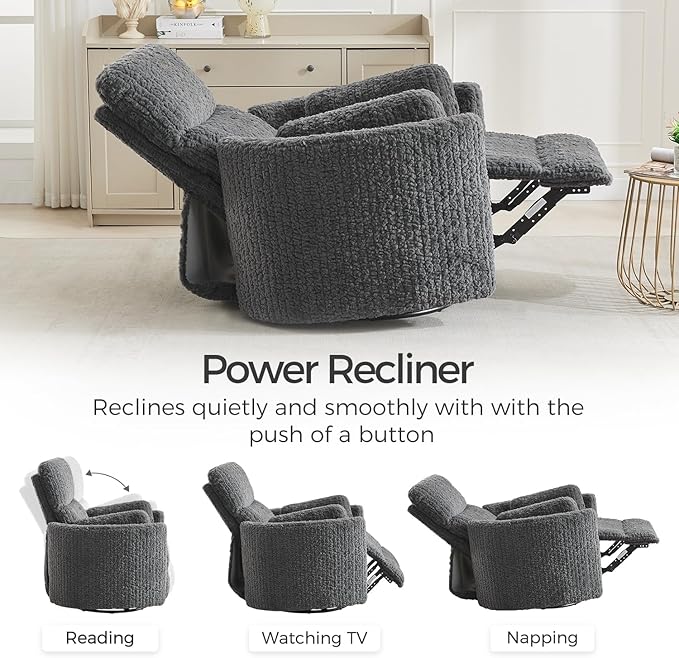 Power Swivel Glider Rocking Recliner Nursery Chair with 2 Pillows, Electric Rocker Reclining Chairs with Type-C & USB Charger Port for Living Room, High Back Barrel Armchair for Bedroom, Grey