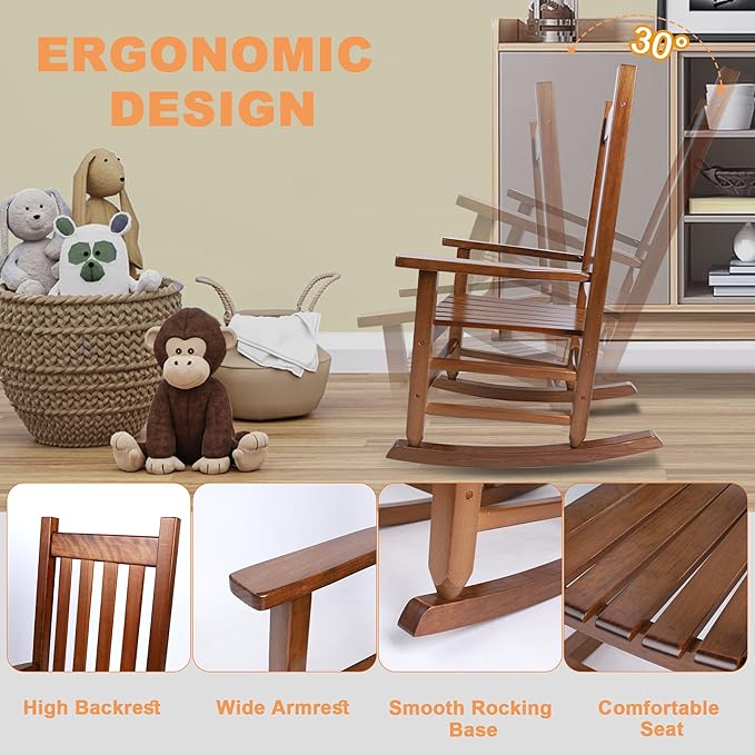 Kids Rocking Chair Set of 2 for Toddlers and Children Comfy Wooden Recliner Rocker for Baby Girls Outdoor Lounge Chair for Kids Age 6-10 Indoor Brown