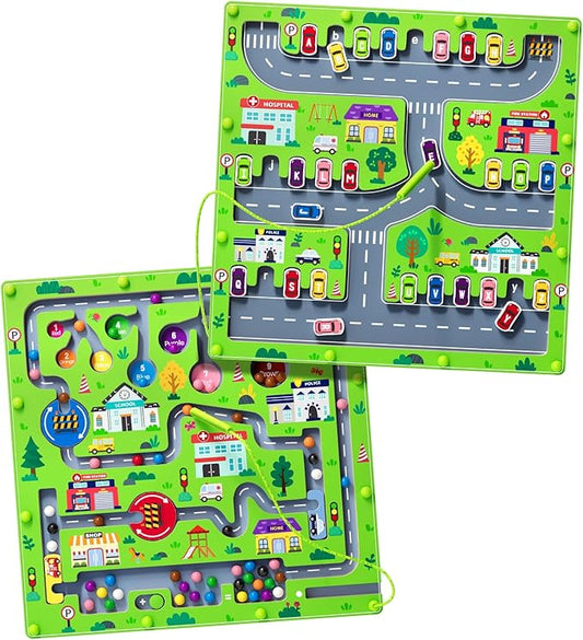 2 in 1 Magnetic Color and Number Maze Magnet Alphabet Counting Double Sided Board Wood Puzzle Fine Motor Skills Montessori Preschool Toys Gifts for Boys and Girls 3-5 Age