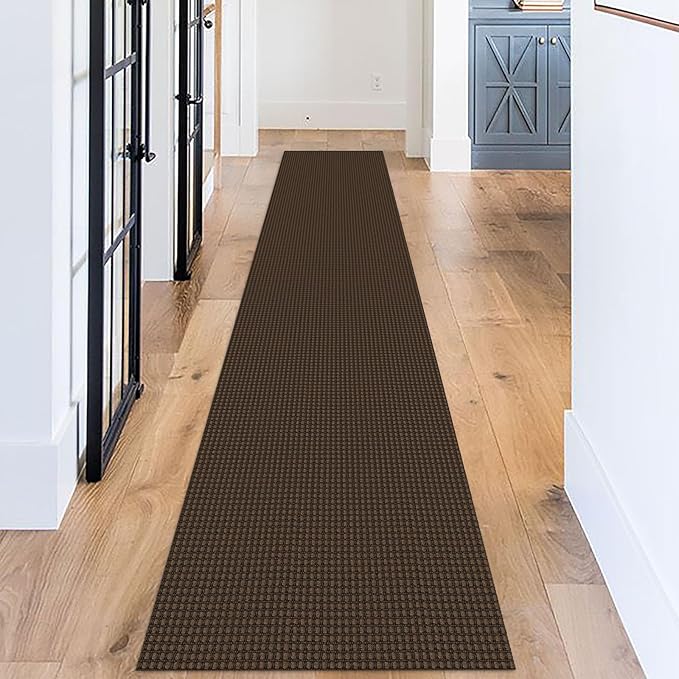 KOZYFLY Long Runners for Hallways 2x12 ft Washable Kitchen Runner Non Slip Rubber Backed Hallway Rugs Cotton Entryway Runner Rug Floor Carpet for Indoor Hall, Backdoor, Kitchen, Reddish Brown/Coffee