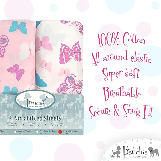 Fitted Pack n Play Sheets, 2 Pack, 100% Woven Cotton, Pack and Play Mattress Sheets, Fits Most Mini Crib & Playard, 27 x 39 x 4in, Butterfly