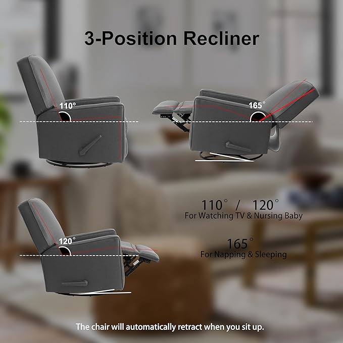 Harkawon Swivel Rocker Recliner Chair, Glider Rocker Recliner, Rocking Chair Nursery, Fabric Chair with High Back, Deep Seat, for Living Room, Bedroom (Dark Grey)