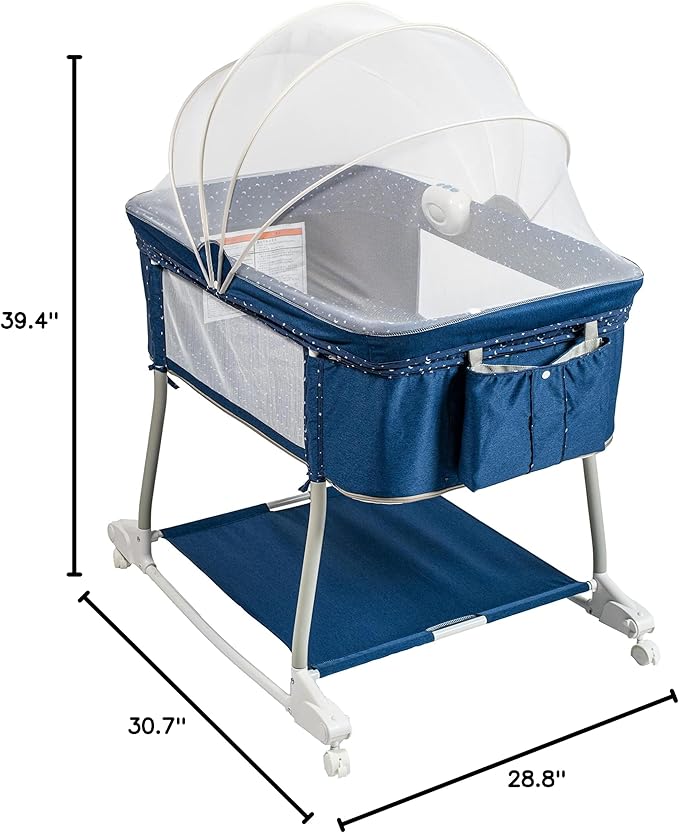 Newborn Portable Bassinet on Wheels for Baby 3 in 1 Bedside Sleeper Rocking Crib Playard with Breathable Mesh Cover Detachable Mosquito Net and Music Box Multi Mode(Navy Blue)