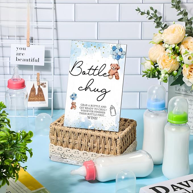 Roowest Bottle Chug Baby Shower Game Favors 12 Pcs Baby Bottles Shower Favor with 1 Wooden Sign for Gender Reveal Party Supplies Gifts(Bear)