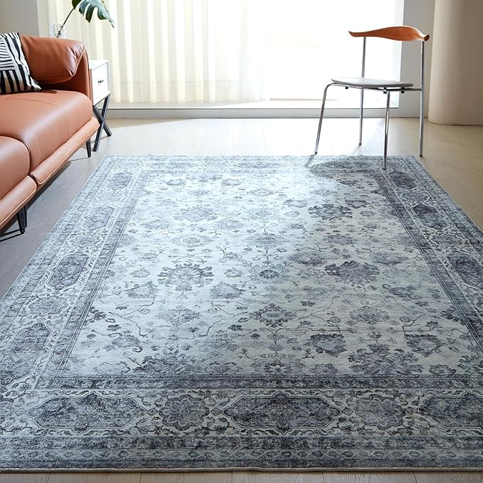 Area Rugs 8x10 Rug for Living Room Washable Boho Area Rug Non Slip Soft Vintage Low Pile Large Rug for Living Room, Bedroom, Farmhouse, Dining Room, Kids Playroom(Grey and White)