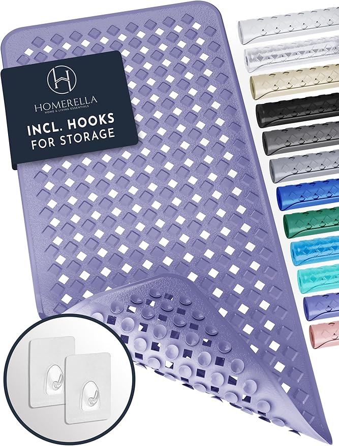 homerella® Bath Mat for Tub Non Slip Mold Resistant 35x16 - Shower Mat Non Slip Anti Mold - Bath Tub Mat Suction Cups incl. Hooks for Drying - Bathtub Mat Non Slip - ANI Slip Shower Mat Inside Tub