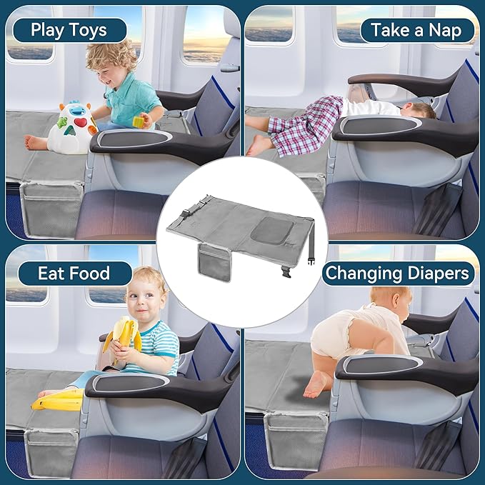 Toddler Airplane Bed & Travel Bag 2 in 1, Portable Airplane Seat Extender for Kids, Adjustable Footrest Baby Airplane Travel Essentials, Carry On Gym Weekender Bag for Mommy (Grey)