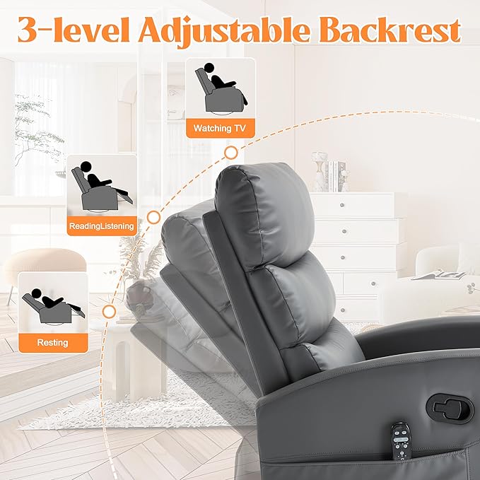 Manual Swivel Rocker Recliner Chair with Massage, Overstuffed Recliner Glider with Vibration Massage and Heat for Nursery, Living Room Reclining Sofa Chair, PU Leather Gray