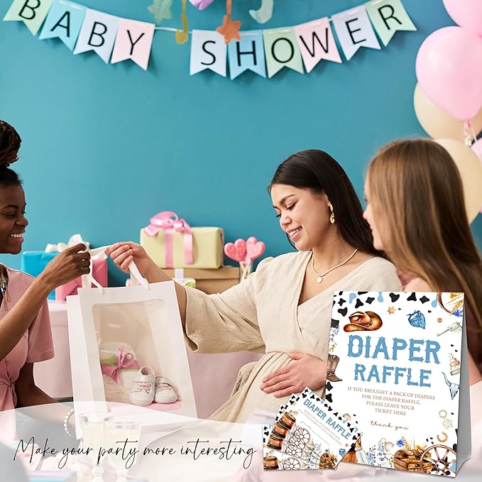 Western Cowboy Diaper Raffle Set For Baby Shower - 50 Raffle Tickets With 1 Standing Sign -Announcement, Gender Reveal Baby Shower Party Decoration Game Set - A07