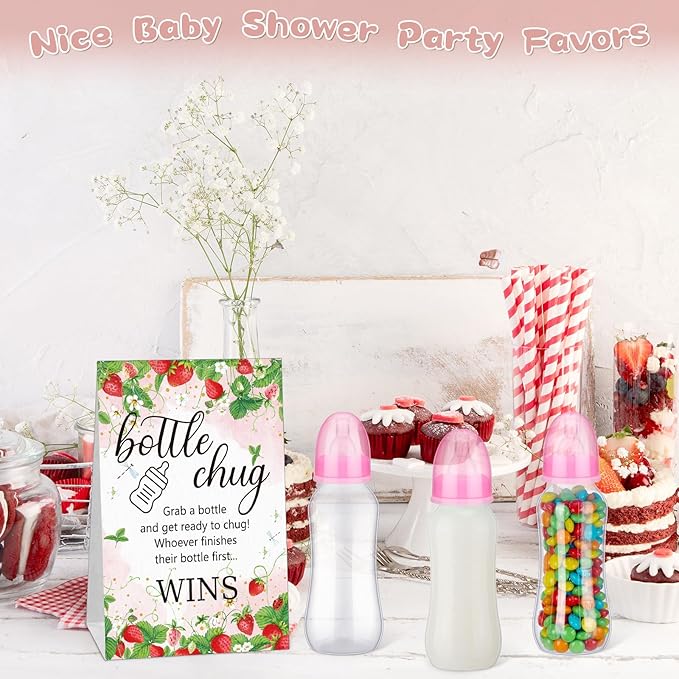 TrelaCo Cool Baby Shower Games Sets 12 Pcs Feeding Bottles with 1 Bottle Chug Sign for Gender Reveal Baby Shower Party Favors Decoration Games(Strawberry,Pink)