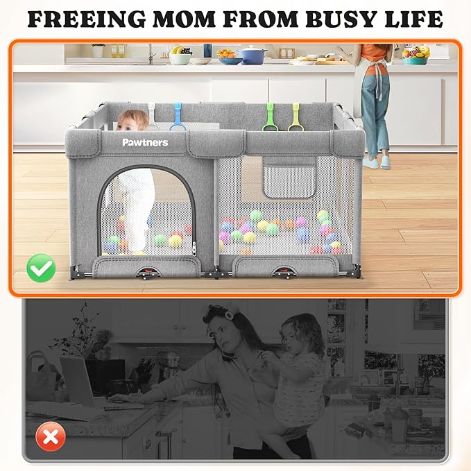 Foldable Playpen for Babies and Toddlers: 50" L x 50" W x 27" H, Large Kids Play Yard With Mat, Portable Indoor Play Area, Baby Gate With 50PCS Ocean Ball, 4 Handles