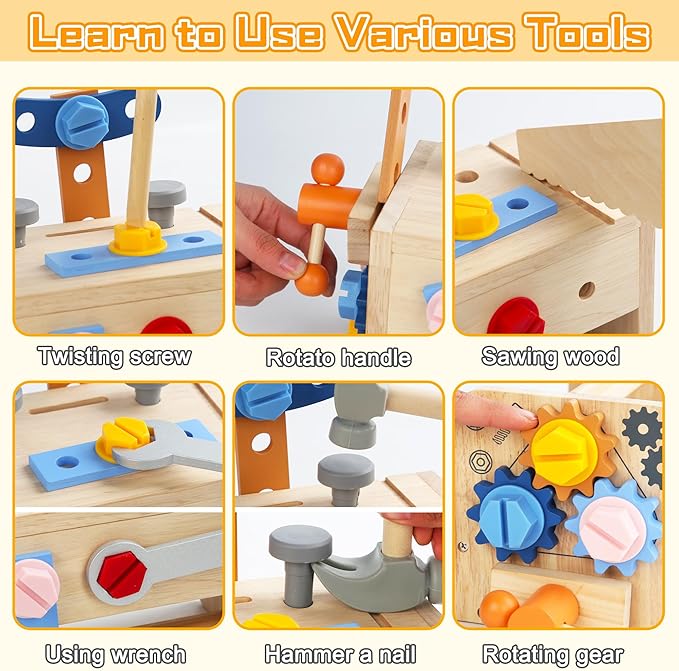Wooden Kids Tool Set, 38PCS Educational STEM Construction Toys for 3+ Toddler, Wooden Tool Bench Montessori Toy Tool Box for 3 4 5 YO Boys & Girls Birthday Gift (36Pcs)