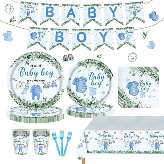 Baby Shower Decorations, Boy Baby Shower Decorations Include Plates Napkins Cups Banner Tablecloth and Forks, Serve 20