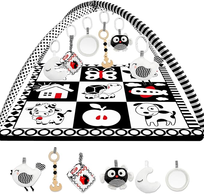 QUOKKA Padded Baby Mat for Floor Tummy Time - Super Soft Black&White Play Mat for Kids Toddlers & Infants - 6 Toys | Thick Pad | Machine Washable | Black White Colors for Vision Development