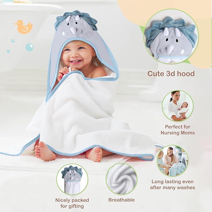 Mother's Choice Baby Hooded Towel - Large Size Cotton, Ultra-Soft & Absorbent Bath Towel for Newborns, Infants, Toddlers, Boys & Girls with Animal Hood (Dinosaur)