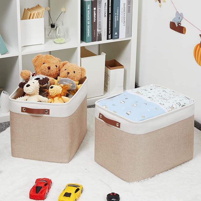 HNZIGE Fabric Storage Baskets for Organizing [2 Pack] Large Canvas Rectangular Storage Bins for shelves 16" X 11.8" X 11.8" Clothes Baskets Collapsible Bins for Closet Linen Organizers (Beige&White)