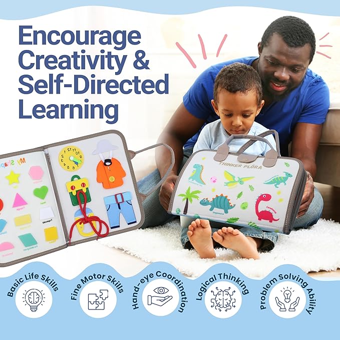 Thinker PLORA Toddler Busy Board – Montessori Toys for 1-4 Year Old Boys and Girls, Sensory Educational Activities for Learning Fine Motor Skills, Travel Toy for Car and Airplane