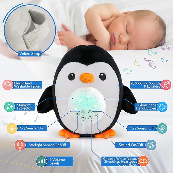Bubzi Co Portable Penguin Baby Soother & Night Light Projector, Comforting Electronic Infant Toddler Sleep Aid with White Noise