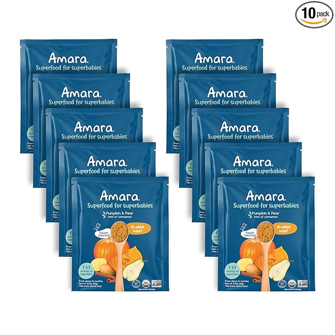 Amara Organic Baby Food - Stage 2 - Pumpkin Pear - Baby Cereal to Mix With Breastmilk, Water or Baby Formula - Shelf Stable Baby Food Pouches Made from Organic Fruit and Veggies - 10 Pouches, 3.5oz Per Serving