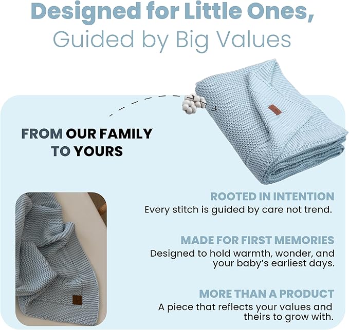 100% Organic Cotton Baby Knitted Blanket in Gift Box - Soft Toddler, Crib, Stroller Blanket - Neutral Swaddle and Receiving for Newborns, 30"x40", Baby Blue