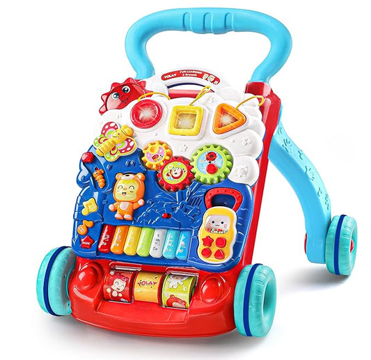 YOLAY Baby Walker Push with Wheels, Sit-to-Stand Walker for Baby Boy and Girl 6-12 Months with Detachable Play Panel, Stable Handle, Early Learning Activity for Kids - Blue