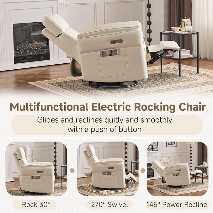Power Recliner Rocking Chair Nursery Gliders with Adjustable Armrests and Headrest, Swivel Electric Glider Reclining Nursing Chair with USB Port and Storage Bags, FSC Certified(Leather, Beige)