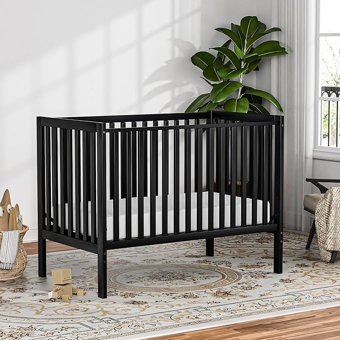Baby Crib 5-in-1 Convertible, Wood Full Size Toddler Bed for Small Baby, Made of Sustainable Natural Pinewood Cribs, Non-Toxic Finish, Simplistic Nursery Furniture (Black)