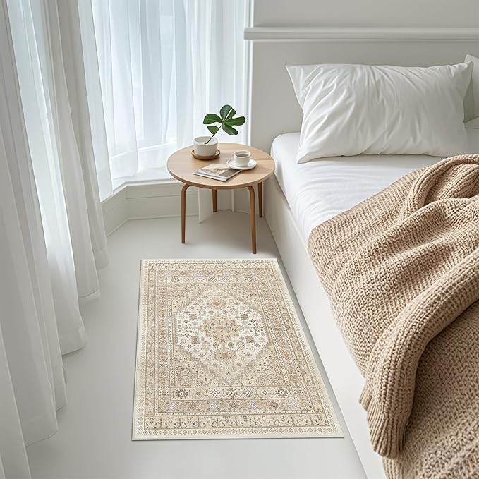 zesthome 2x3 Entryway Rug, Soft Washable Rugs, Non Slip Area Rug, Stain Resistant Low Pile Rugs for Bedroom, Vintage Rug for Door Mat, Kitchen (Cream/Beige,2'x3')