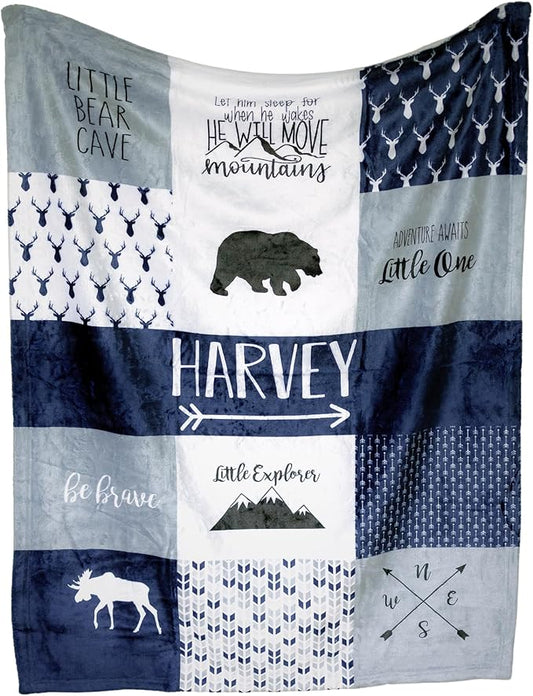 Ships Next Day - Blue Woodland Personalized Baby Blanket for Boys - Printed In America - Custom Baby Blankets For Boys - Deer Baby Blanket- Woodland Nursery Décor (Blue Woodland)