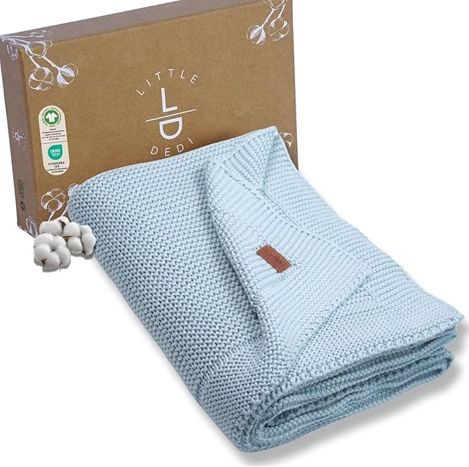 100% Organic Cotton Baby Knitted Blanket in Gift Box - Soft Toddler, Crib, Stroller Blanket - Neutral Swaddle and Receiving for Newborns, 30"x40", Baby Blue