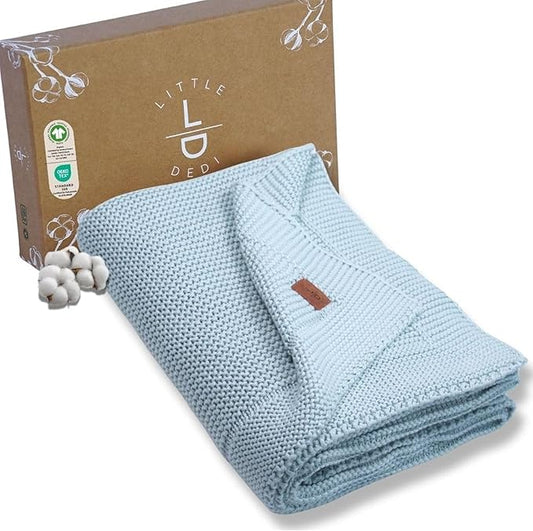 100% Organic Cotton Baby Knitted Blanket in Gift Box - Soft Toddler, Crib, Stroller Blanket - Neutral Swaddle and Receiving for Newborns, 30"x40", Baby Blue