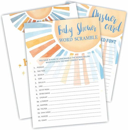 Sunshine Theme Word Scramble Game Kit -ro Baby Shower Game with 30 Cards + Answer Card - Watercolor Sun Theme, Gender Reveal & Announcement Party Favor