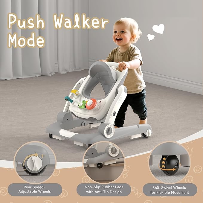 Baby Walker with Wheels, 5 in 1 Walker for Baby Boy Girl with Bouncer, Music and Lights Baby Jumper Activity Center, Adjustable Height, Push Walker for Ages 7-18 Months Toddler (Gray)
