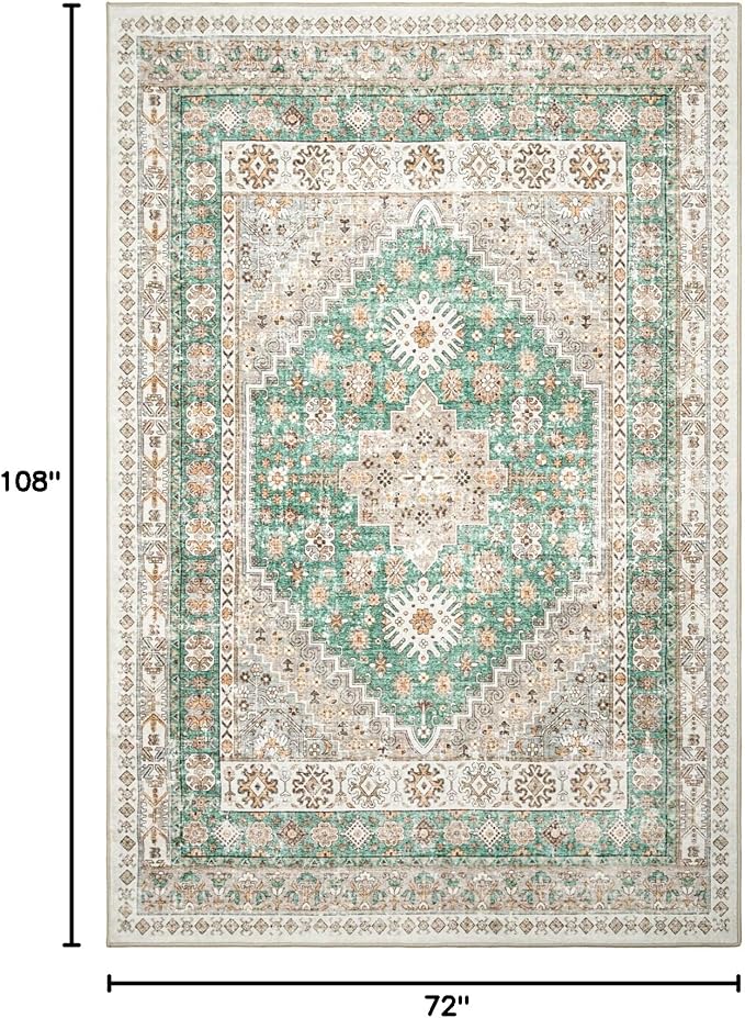 zesthome 6x9 Area Rug, Super Soft Washable Rugs for Living Room, Non-Slip Stain Resistant Vintage Rugs, Ultra-Thin Large Area Rugs (Green/Brown,6'x9')