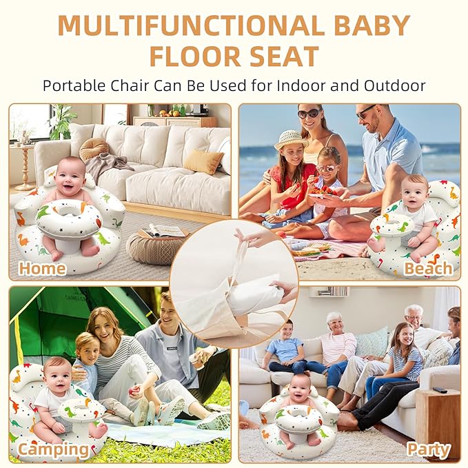 Inflatable Baby Seat with Tray, Blow up Infant Chair for Babies 3 Months and up, Comfortable Baby Floor Seats for Sitting Up, Built in Air Pump with Back Support Toddler Waterproof Sofa (Dinosaur)