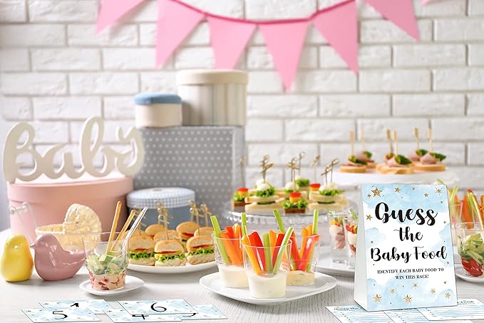 Baby Shower Game Set, Find The Baby Food Party Games(1 Standing Sign + 20 Answer Cards + 6 Number Cards), Moon and Stars Shower Games, Sleepover Gender Reveal Party Favor Decor(A05)