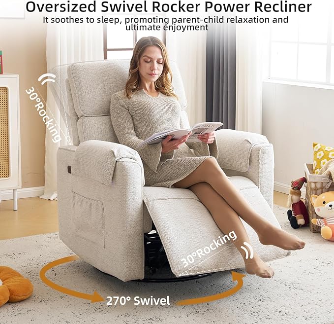 Oversized Power Recliner Chair, 26" Extra Wide Swivel Rocker Recliner with Adjustable Headrest, Chenille Glider Rocking Nursery Chair with Overstuffed Armrest, USB Ports, White