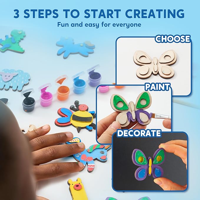 JOYIN 12 Wooden Magnet Creativity Arts & Crafts Painting Kit for Kids, Decorate Your Own Painting Gift for Easter Basket Stuffers, Birthday Parties and Family Crafts, Party Favors for Boys Girls