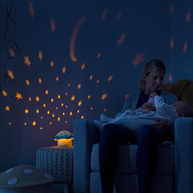 Angelcare Celeste Musical Mushroom Night Light Baby Projector - Sleep Soother with Adjustable Volume Lullabies, White Noises, 3 Night Light Colors, and Cry Sensor Detector