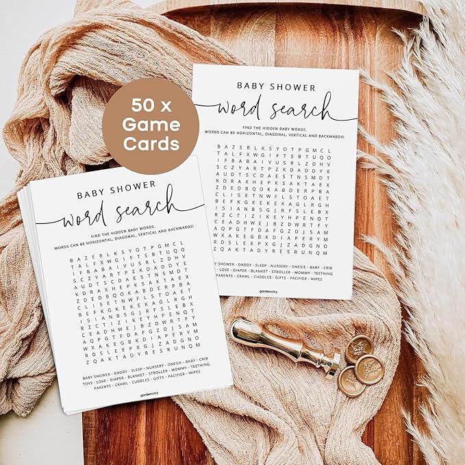 GardenCity 50 Baby Shower Word Search Game Cards, Fun Baby Shower Games for Boy or Girl, Gender Neutral - Minimalist