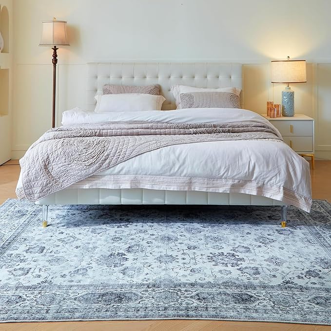 Area Rugs 8x10 Rug for Living Room Washable Boho Area Rug Non Slip Soft Vintage Low Pile Large Rug for Living Room, Bedroom, Farmhouse, Dining Room, Kids Playroom(Grey and White)