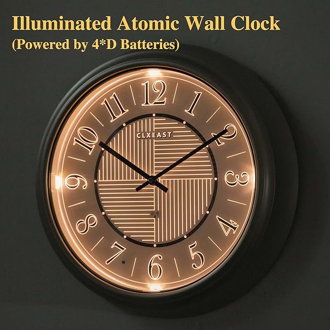 CLXEAST 14 Inch Self-Illuminated in/Outdoor Atomic Wall Clock for Home Office, Night Light Wall Clocks for Living Room Decor,Modern Farmhouse Morning Silver/Gold Finish