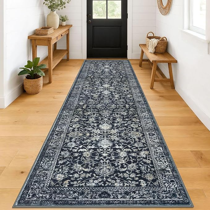 KILOCOCO Hallway Runner 3x12 Rug Runner Printed Vintage Floral Washable Non-Slip Rubber Backed Runners for Hallways Kitchen Laundry Room Entryway Bedroom, Charcoal