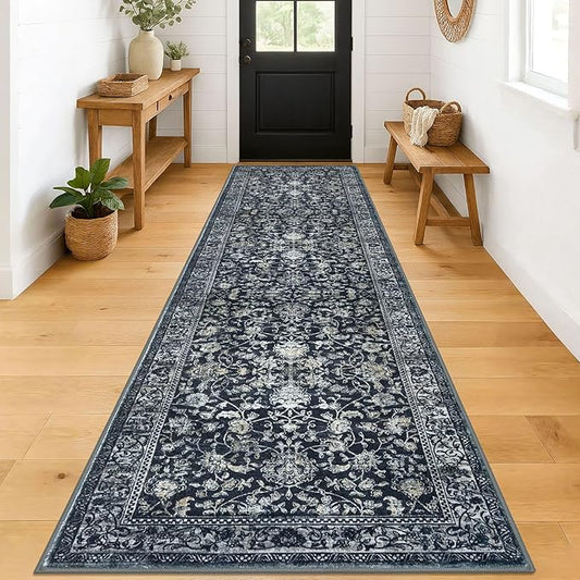 KILOCOCO Hallway Runner 3x12 Rug Runner Printed Vintage Floral Washable Non-Slip Rubber Backed Runners for Hallways Kitchen Laundry Room Entryway Bedroom, Charcoal