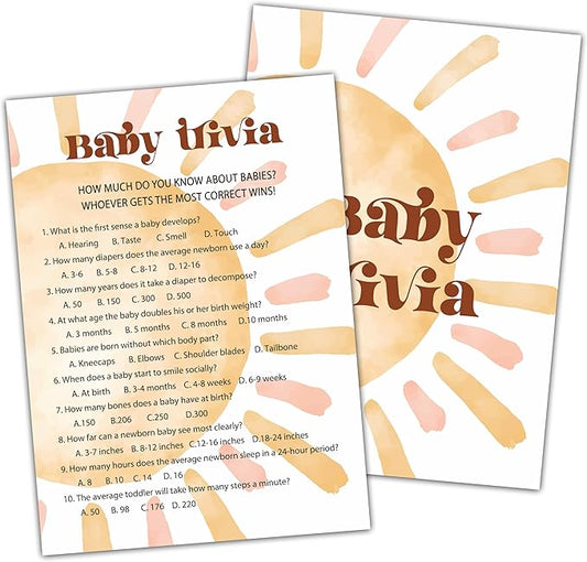 Baby Shower Games For Boy, Boho Sun Baby Trivia Baby Shower Game, Sunshine Here Comes The Son Gender Reveal Games, Set of 25 Cards(Bohosun002)