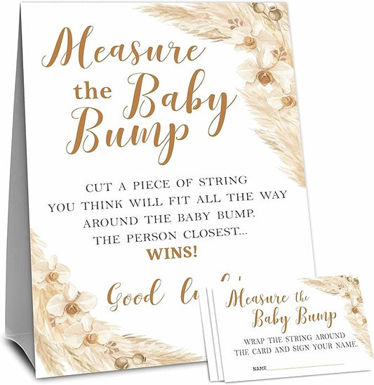 Boho Baby Shower Measure The Baby Bump, Measure Mommy's Belly Game Set - 1 Self-Standing Sign And 50 Tickets - Gender Reveal, Baby Shower, Baby Announcement Activity & Party Favor Supplies - A02