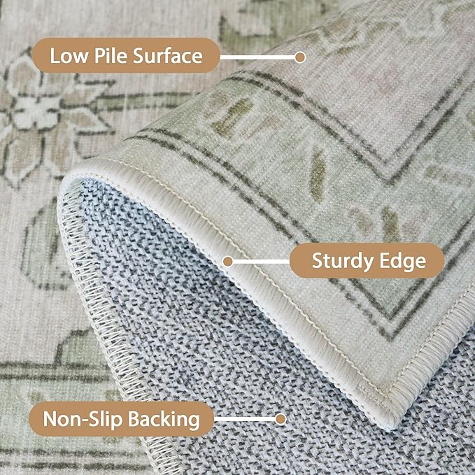 GENIMO 7'6''x9'6'' Area Rugs for Living Room, Machine Washable Non Slip Vintage Rugs, Low Pile Lightweight Chenille Print Rug for Bedroom, Dining Room, Home Office, Oat Light