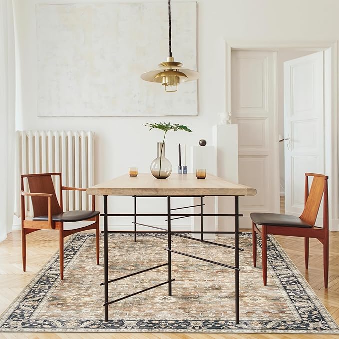 ReaLife Machine Washable Area Rug - Living Room Bedroom Bathroom Kitchen Entryway Office - Padded Low Pile Stain Resistant Premium - Boho Farmhouse Vintage - BEV - Beige Tan Brown 7'6" x 9'6"