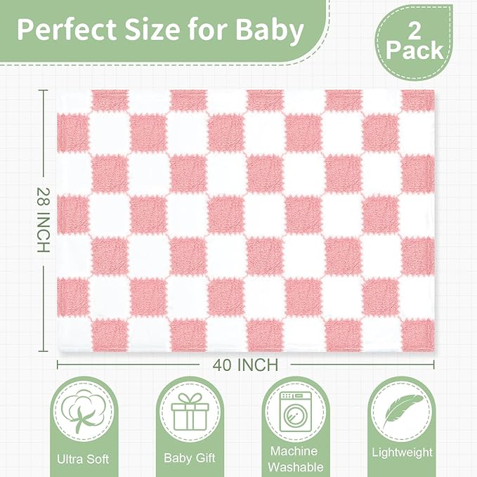 Checkered Baby Blanket for Girls, 2 Pack Soft Baby Girl Blankets, Small 28 x 40 inches Toddler Fleece Blanket, Essentials Crib Stroller Items, Newborn Gift (Pink)